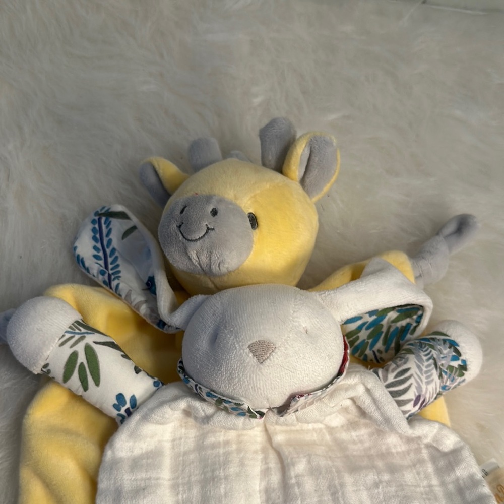 Baby Loveys lot of 2 yellow gray giraffe & multicolor print bunny baby stuffy